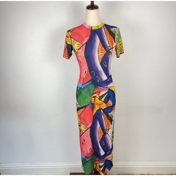 Stella Jean Short Sleeved Midi Dress Corta Colorful Print Stretch Womens 40 US 4 - Picture 3 of 16